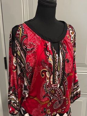 New York & Company Red Paisley Cold-Shoulder Blouse with Black Trim